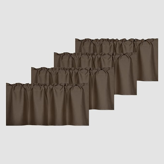 4 Panels Coffee Brown Valance for Windows 42x18 Inch Solid Thermal Insulated Blackout Kitchen Short Curtain Toppers Valance Rod Pocket for Bathroom Living Room