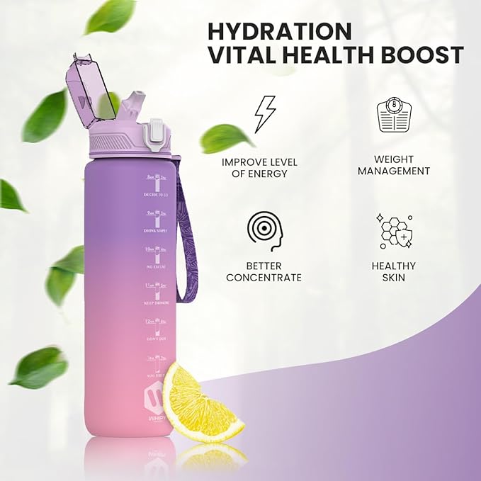 1L Water Bottle with Straw - Leak-Proof & BPA Free Reusable Sports Bottle - Motivational Time Markings for Hydration Durable Drink Bottle for Gym, Sports, Outdoor (Purple and Pink)