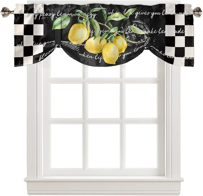 Summer Tropical Lemon Blackout Tie Up Valance Curtains for Kitchen Windows Buffalo Plaid Black White Window Toppers Balloon Shades for Living Room/Bathroom/Bedroom,1 Panel,54" X 18"