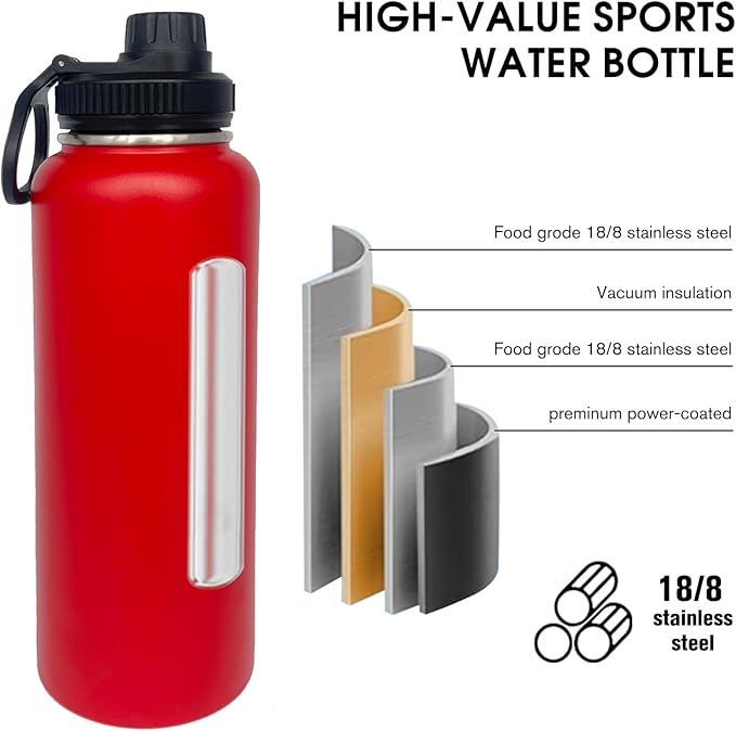 1pack 40 oz Insulated Water Bottle With Straw, Stainless Steel Sports Water Cup Flask with 2 Lids, Wide Mouth Travel Thermal Mug,Red