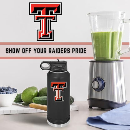 Texas Tech 32oz Stainless Steel Double Walled Black Beverage Bottle with Flip Straw Spout - College Gear for Playoff Season – For Office, Home or Auto – Show your Red Raider Prider