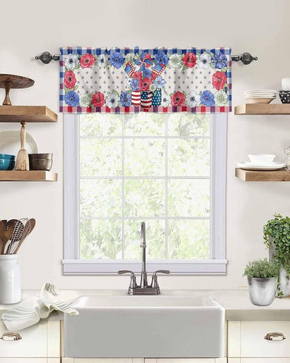 4th of July Kitchen Curtains Valances for Windows Patriotic Memorial Day Vases Flowers Rod Pocket Window Treatment for Kitchen/Living Room/Bedroom/Bathroom, 42" X 18", Blue Red Buffalo Plaid