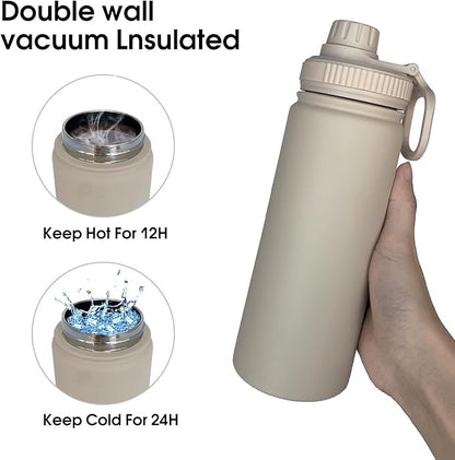 18oz Insulated Water Bottle ，Stainless Steel Sports Water Cup Flask with 2 Lids, Wide Mouth Travel Thermal Mug,Outdoor Sports Bottle（Cream apricot）