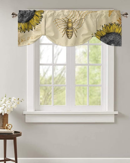 Vintage Sunflower Bee Blackout Tie Up Valance Curtains for Kitchen Windows Summer Window Toppers Balloon Shades for Living Room/Bathroom/Bedroom,1 Panel,60" X 18" Yellow