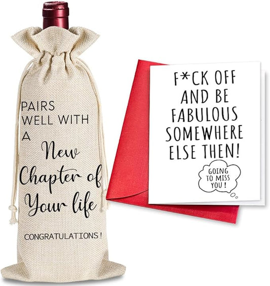 YAANUNULU New Beginning New Job Gifts, New Chapter Of Your Life Wine Bag, Going Away Gift for Friends, New Business Owner Gifts, 1 Wine Bag with 1 Coworker Leaving Card