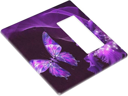 Purple Butterfly Flower Combo Single Blank 1 Rocker Light Switch Wall Plate Cover Decorative 2-Gang for Electrical Girls Room Bathroom Bedroom Home Kitchen One Decora Receptacle 4.5" x 4.6"