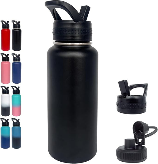 1pack 32 oz Insulated Water Bottle With Straw, Stainless Steel Sports Water Cup Flask with 2 Lids, Wide Mouth Travel Thermal Mug,Black