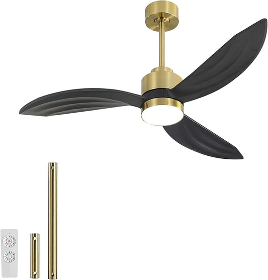 52" Wood Ceiling Fan with Lights and Remote Control, 3 Blades 6-Speed Dimmable Light Reversible DC Motor Ceiling fan for Kitchen Bedroom Dining Living Room, Black Wood Blades with Gold