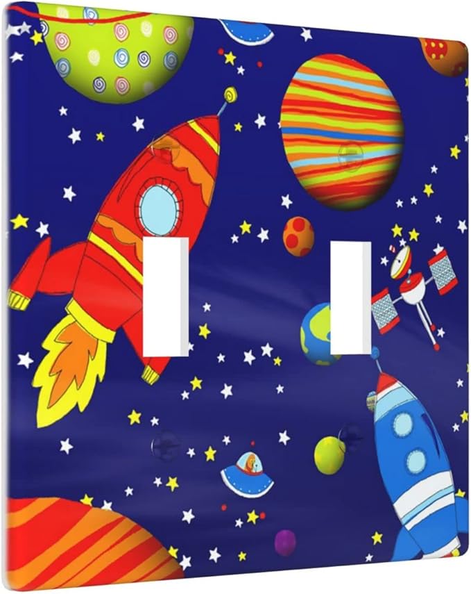 Space Astronaut Double Toggle Light Switch Wall Plate Cover Decorative 2-Gang for Boys Kids Room Bathroom Bedroom Home Kitchen Two Lightswitch Polycarbonate 4.5" x 4.6"