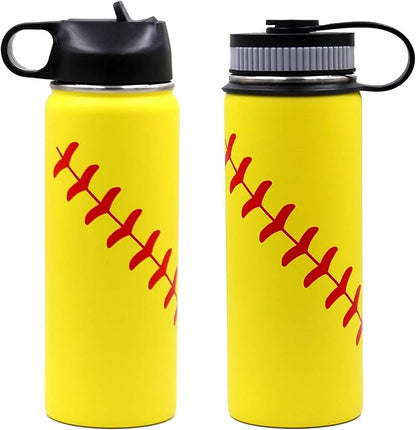 18 oz Softball Water Bottle, Sports Flask with 2 Lids 18/8 Stainless Steel Tumbler Double Wall Vacuum Insulated Metal Canteen Gift for Mom Men (18oz, Yellow Softball)