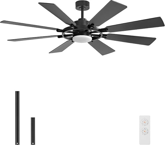 60" Ceiling Fan with Lights and Remote Control, Wood 8 Blades 6-Speed Dimmable Light Noiseless Reversible DC Motor, Modern Large Ceiling fan for Kitchen Bedroom Dining Living Room, Black