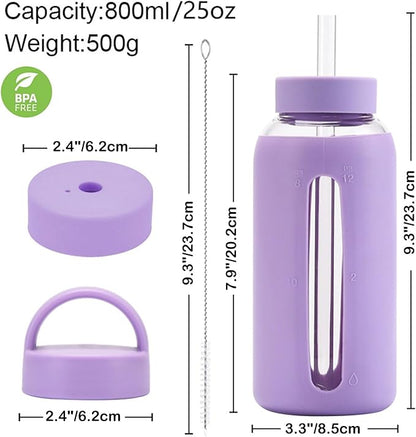 25oz Glass Water Bottles，glass tumbler with straw and 2 lid，Glass Cup with Lid and Straw(BPA Free)，Water Bottle with Handle for Outdoor Sports and Home Use.