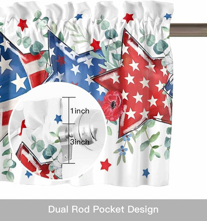 4th of July Kitchen Curtains Valances for Windows Patriotic Memorial Day Rod Pocket Window Treatment for Kitchen /Living Room/Bedroom/ Bathroom, 54" X 18", American Flag Stars Summer Poppy Eucalyptus