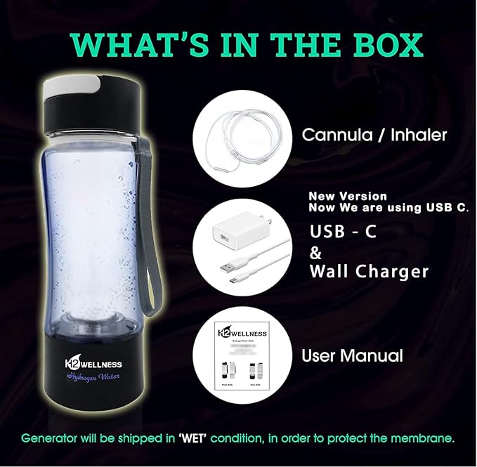 ® - Molecular Hydrogen Water Bottle, 400ml Portable Hydrogen Water Maker, Hydrogen Water Generator with Portable Inhaler Adapter and Self-Cleaning Mode, Black Tritan