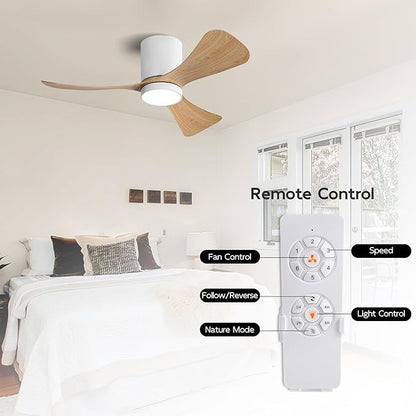 42 Inch Low Profile Ceiling Fan with Lights, Modern Flush Mount Ceiling Fan, 3 ABS Blades, 6-Speed, Reversible DC Motor, Noiseless, for Indoor/Outdoor Kitchen Bedroom, White+Wood