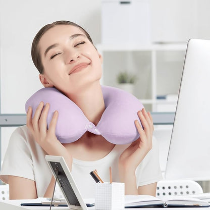 Travel Neck Pillow Airplane, Soft Memory Foam Support Head Neck Chin, with Removale Cover and Adjustable Snap Button, Comfortable Sleeping in Plane Car Train Traveling Office Home, Purple