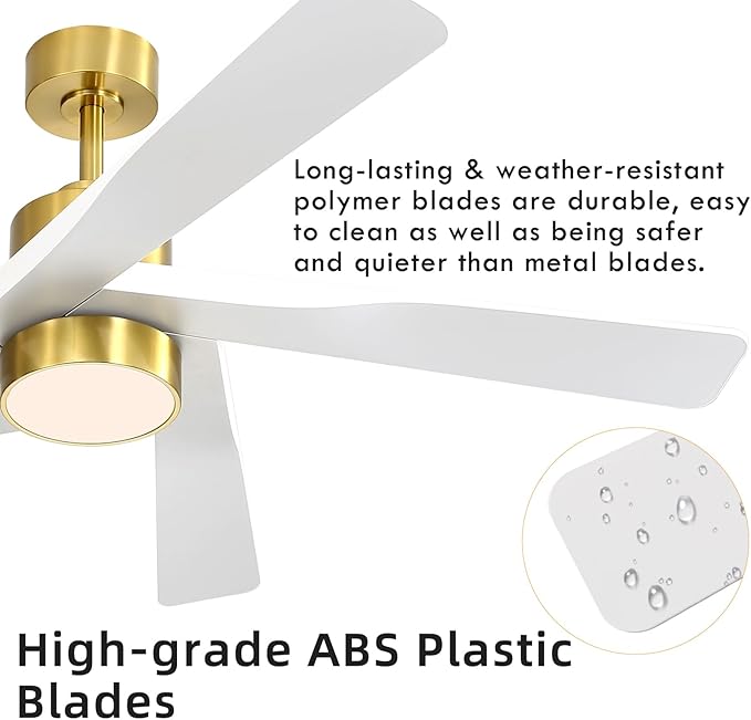 WINGBO 64" ABS DC Ceiling Fan with Lights, 5 Blade ABS Plastic Ceiling Fan with Remote, 6-Speed Reversible DC Motor, LED Ceiling Fan for Kitchen Bedroom Living Room, Brass and White