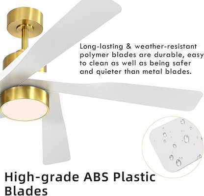 WINGBO 64" ABS DC Ceiling Fan with Lights, 5 Blade ABS Plastic Ceiling Fan with Remote, 6-Speed Reversible DC Motor, LED Ceiling Fan for Kitchen Bedroom Living Room, Brass and White