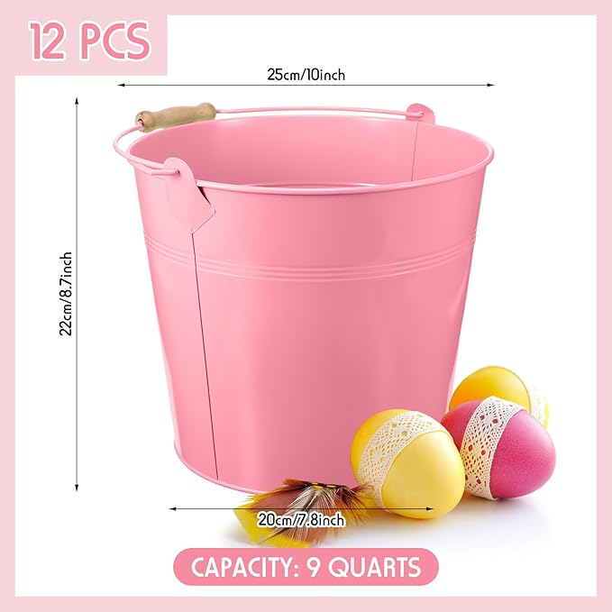 12 Pcs Large Galvanized Metal Buckets with Handle 10 Inch Heavy Duty Stainless Steel Pails Round Pail for Party Wedding, Crafts, Utensils, Table Centerpieces (Pink)