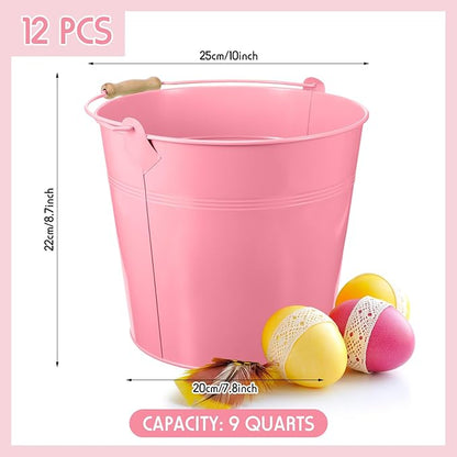 12 Pcs Large Galvanized Metal Buckets with Handle 10 Inch Heavy Duty Stainless Steel Pails Round Pail for Party Wedding, Crafts, Utensils, Table Centerpieces (Pink)