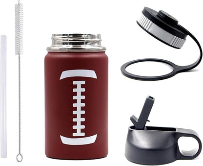 12 oz Football Water Bottle, Flask Sports with 2 Lids 18/8 Stainless Steel Travel Tumbler Double Wall Vacuum Insulated Hot/Cold (12oz, Football)