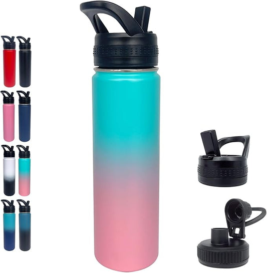 1pack 22 oz Insulated Water Bottle With Straw, Stainless Steel Sports Water Cup Flask with 2 Lids, Wide Mouth Travel Thermal Mug,Pink gradient