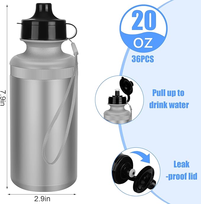 Zubebe 36 Pcs Sports Water Bottles Bulk 20 oz Squeeze Reusable Plastic Water Bottle with Nylon Strap Blank DIY Water Bottles for Kids Adults School Thanks Gift Outdoor Sport Fitness