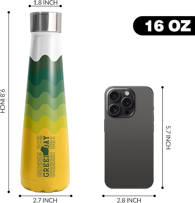 16oz Green Bay New Cola Bottle Insulated Water Bottle Stainless Steel Thermos Cup, Reusable Water Bottles Leak Proof Metal Sports Water Bottle