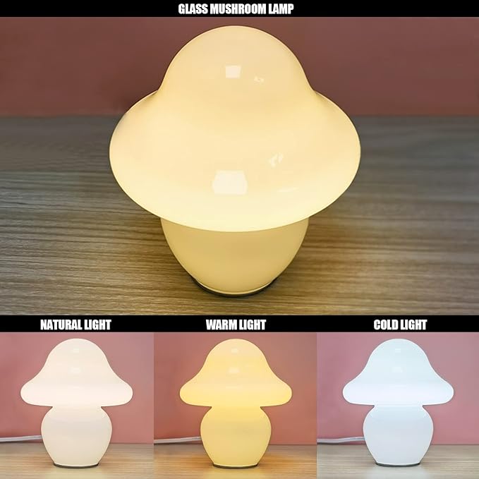 Mushroom Lamp, Small Translucent Glass Table Lamp, Cute Little Milk White Clear Nightstand Lamp for Bedroom, Bedside, Living Room, Murano Style Aesthetic Kawaii Lamp for Home Decor Gift