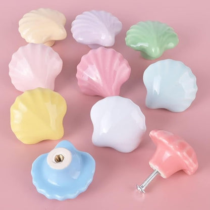 10x Colorful Cute Glossy Ceramic Knobs Seashell Shape Lovely Door Pull Knob Cabinet Closet Ceramic Drawer Cupboard Kitchen Dresser Kids Child Bedroom Pulls Wardrobe Handles