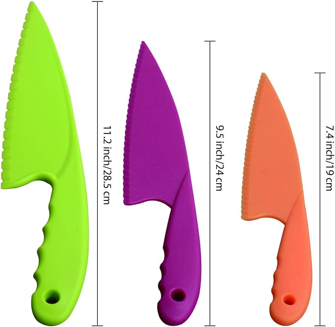 3 PACK Kids Kitchen Knife Food Grade Nylon Kids Chef Knives, Plastic Kids Cooking Knives Safe Vegetables Cutters for Fruit, Cake, Lettuce, Salad (3 Colors and Sizes)