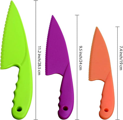 3 PACK Kids Kitchen Knife Food Grade Nylon Kids Chef Knives, Plastic Kids Cooking Knives Safe Vegetables Cutters for Fruit, Cake, Lettuce, Salad (3 Colors and Sizes)