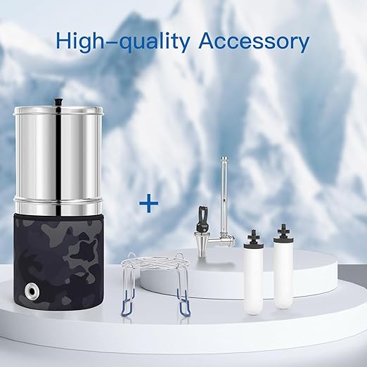 2.25G Gravity Water Filter System, 304 Stainless Steel Countertop System with 2 Ceramic Filters, Water View Spigot and Stand, Reduce Chlorine, for Home, Camping, RVing, Off-Grid, Emergencies