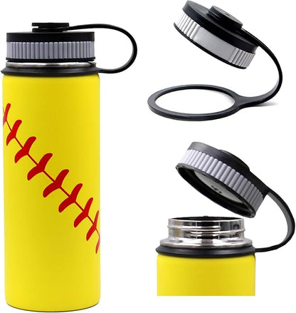 18 oz Softball Water Bottle, Sports Flask with 2 Lids 18/8 Stainless Steel Tumbler Double Wall Vacuum Insulated Metal Canteen Gift for Mom Men (18oz, Yellow Softball)