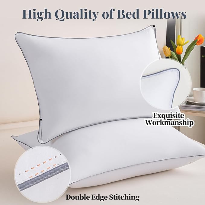 100% Breathable Cotton Cover Cooling Bedding Bed Pillows for Sleeping - Standard Size Set of 2, Hotel-Quality Soft Supportive Fluffy Pillows 2 Pack Full size20*26