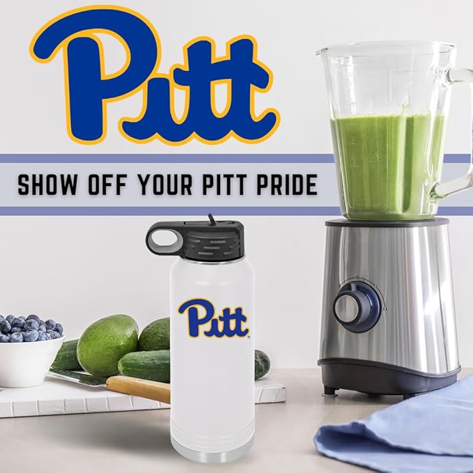 University of Pittsburgh 32oz Stainless Steel Double Walled White Beverage Bottle with Flip Straw Spout - College Gear for Playoff Season – For Office, Home or Auto – Show your Panthers Pride