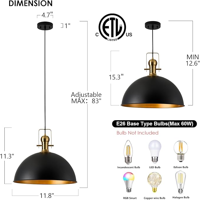 12 Inch Black Farmhouse Pendant Lights Matte Pendant Lights for Kitchen Island Industrial Adjustable Height Vintage Dome Hanging Light Fixtures for Barn, Dining Room 3 Packs