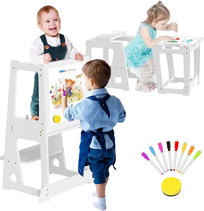 4 in 1 Kitchen Toddler Step Stool, Wooden Learning Toddler Tower with Whiteboard and Safety Rail, Anti-Slip Protection, Kids Standing Tower for 1.5 to 5 Years Old, Kitchen Counter Bathroom Sink