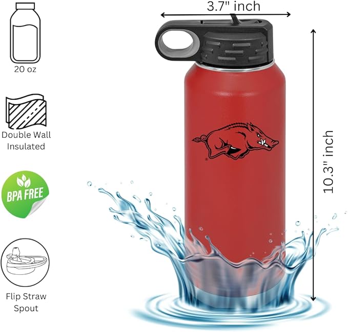 University of Arkansas Razorbacks 32oz Stainless Steel Double Walled Red Beverage Bottle with Flip Straw Spout – College Gear for Playoff Season – For Office, Home or Auto – Show your UArk Pride