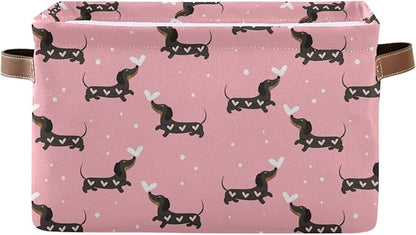 Wamika Pink Love Dachshund Dog Storage Basket Fabric Kitchen Baskets Cute Puppy Open Home Storage Bins Boxes Foldable Organizer Bag for Baby Cloth Pet Toy Book Shelf Closet Baskets 16×12×8 Inches