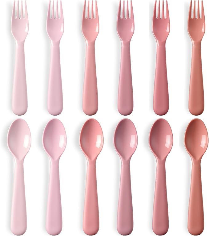 12 Pcs Toddler Utensils Set, Plastic Spoons and Forks Set for Kids, Multicolor Children Safe Flatware, Plastic Reusable Cutlery, BPA Free, Dishwasher Safe - Pink