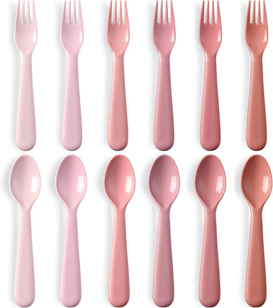 12 Pcs Toddler Utensils Set, Plastic Spoons and Forks Set for Kids, Multicolor Children Safe Flatware, Plastic Reusable Cutlery, BPA Free, Dishwasher Safe - Pink