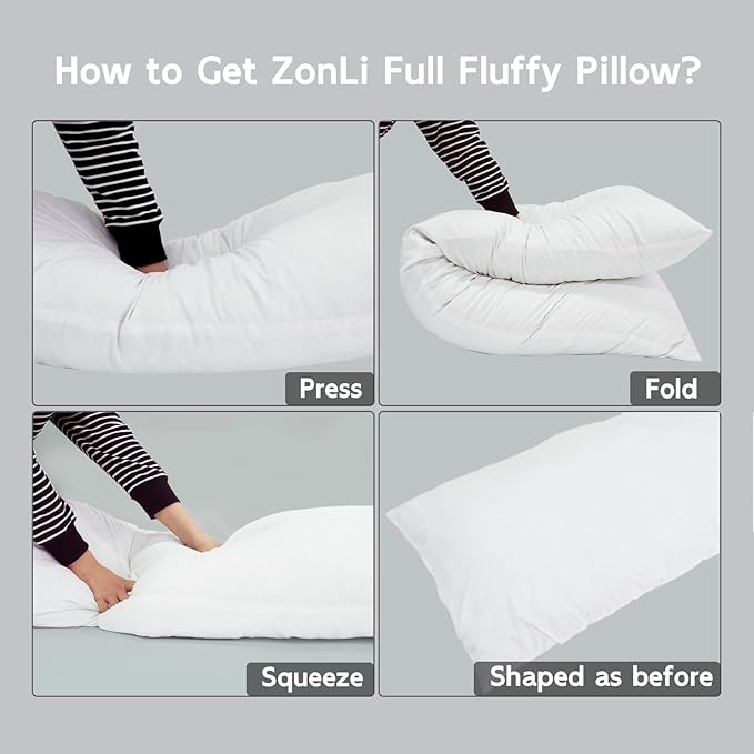 ZonLi Fluffy Body Pillow, Full Body Pillows for Adults, Long Pillow for Sleeping with Removable Cover and Adjustable Filling for Side Sleeper & Pregnancy，Large and Firm Pillow, Machine Washable(Grey)