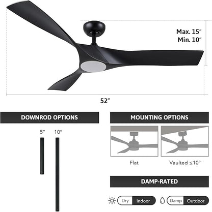 VONLUCE Ceiling Fan with Light and Remote Control, 52 Inch Modern Fan with 3 Blades Noiseless DC Motor for Bedroom, Living Room, Kitchen, Study, Black