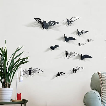 24Pcs Halloween Decorations Large Hollow Bats Wall Decor 3D Halloween Wall Decals PVC Scary Bat Stickers for Kitchen Bedroom Fireplace Bathroom Home Indoor Outdoor Halloween Party Decorations