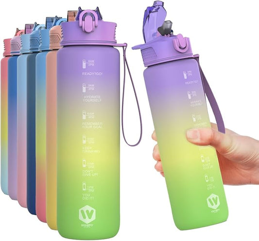 1L Water Bottle with Straw - Leak-Proof & BPA Free Reusable Sports Bottle - Motivational Time Markings for Hydration Durable Drink Bottle for Gym, Sports, Outdoor (Purple yellow and Green)