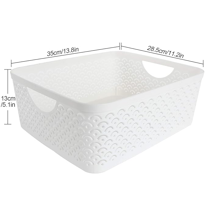 3 Pack Plastic Storage Baskets, Portable White Fish Scale Pattern Hollow Desktop Storage Bin Box with Handle for Kitchen, Bathroom, Kids Room or Nursery Storage – 13.8 x 11.2 x 5.1 inches