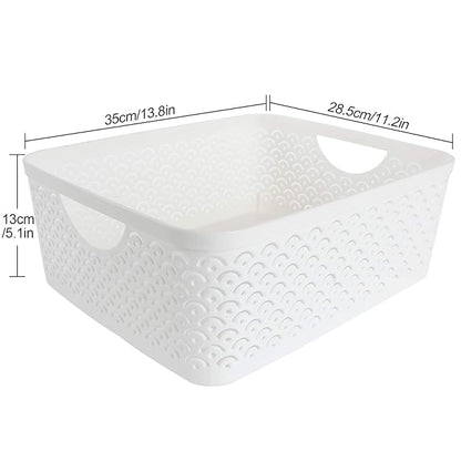 3 Pack Plastic Storage Baskets, Portable White Fish Scale Pattern Hollow Desktop Storage Bin Box with Handle for Kitchen, Bathroom, Kids Room or Nursery Storage – 13.8 x 11.2 x 5.1 inches