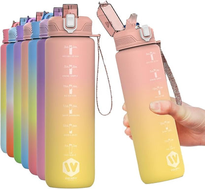 1L Water Bottle with Straw - Leak-Proof & BPA Free Reusable Sports Bottle - Motivational Time Markings for Hydration Durable Drink Bottle for Gym, Sports, Outdoor (Pink and Yellow)