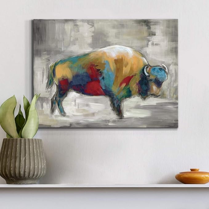 Renditions Gallery Canvas Animal Wall Art Home Paintings & Prints Colorful Bison Brushstroke Abstract Black & White Modern Artwork Decorations for Bedroom Office Kitchen - 12"x18" LT33